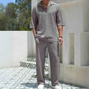 Men's Dark Gray Johnny Collar Half Sleeve Top & Pants Resort Outfit
